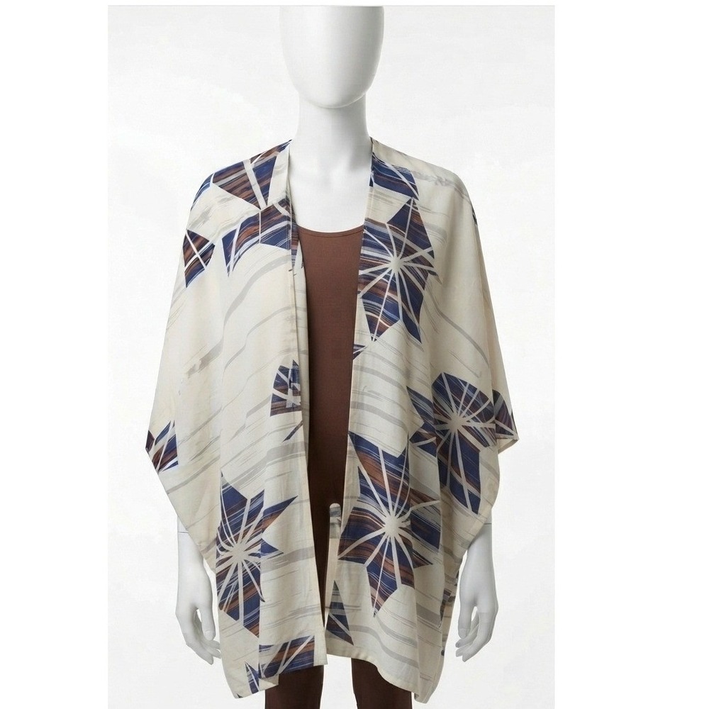 Topshop‎ Cream Blue Geometric Woven Rayon Kimono 3/4 Sleeve V-Neck S
